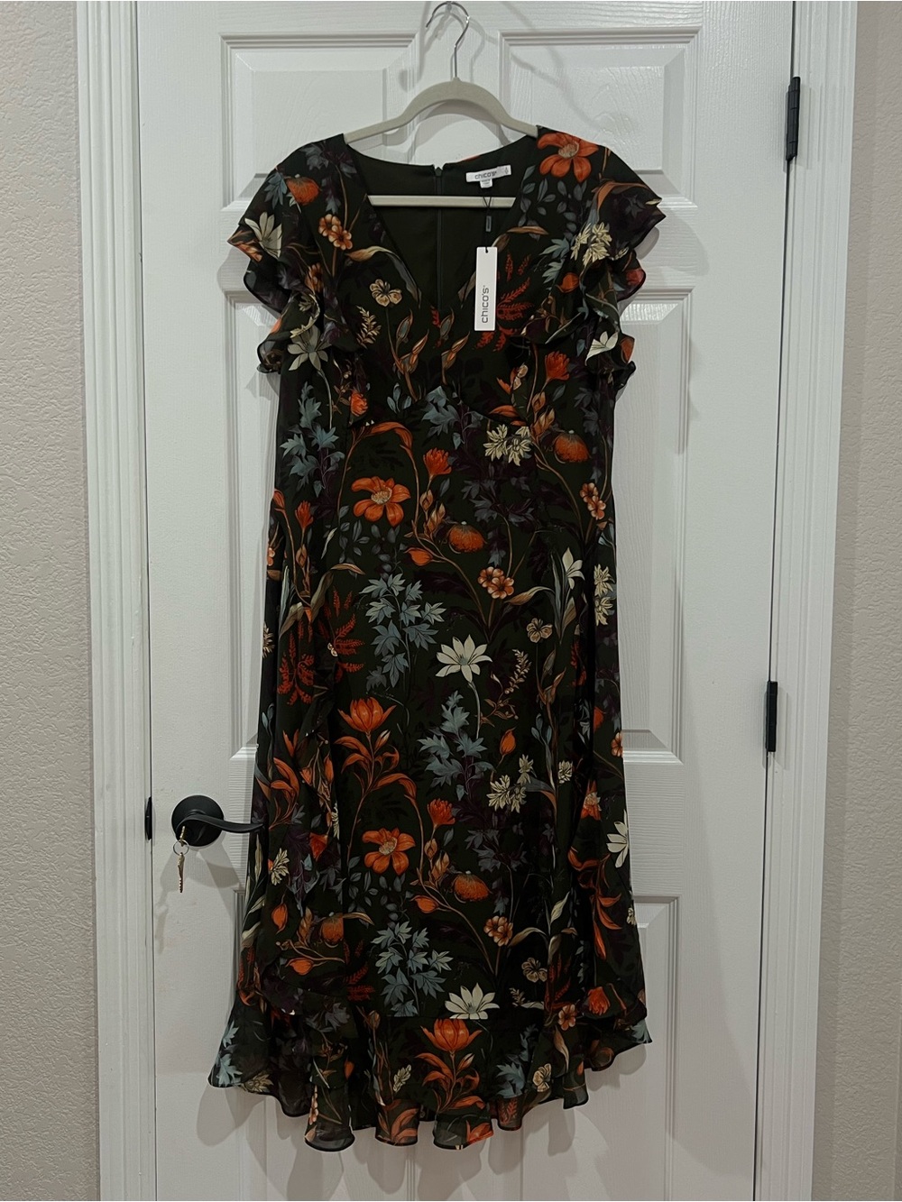 Chico's Midi Dress Ruffle Autumn Trail Floral Olive Green NWT Sz 2 US 12 $179